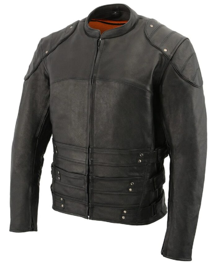 Men Black Biker Style Leather Racer Jacket