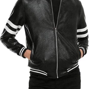 Men's Striped Black Leather Bomber Jacket
