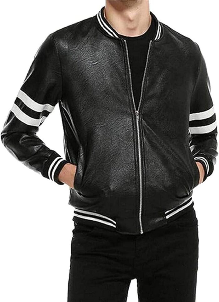 Men's Striped Black Leather Bomber Jacket
