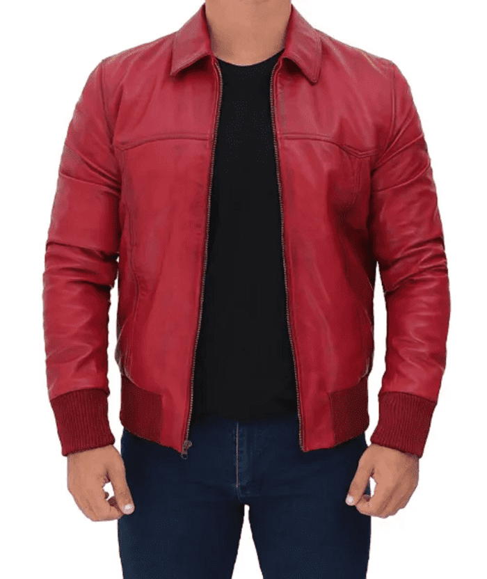 Men's Maroon Distressed Leather Jacket
