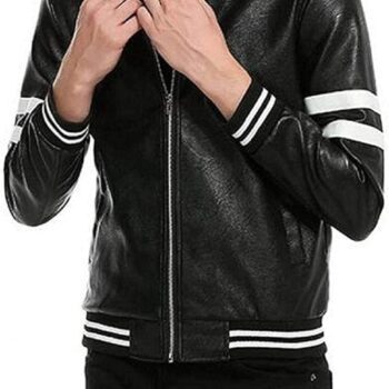 Men's Striped Black Leather Bomber Jacket