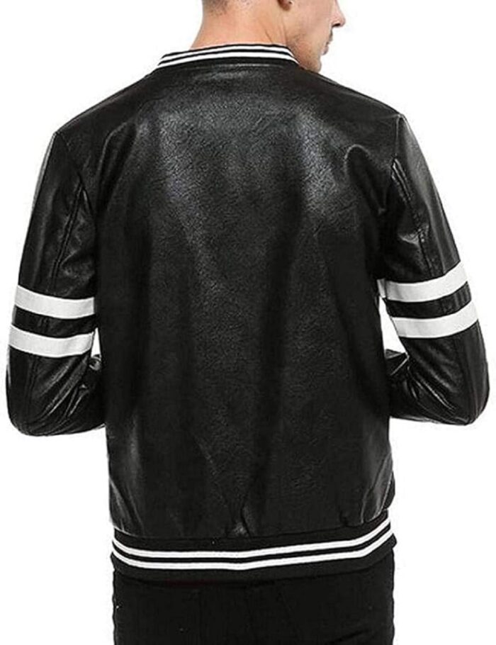 Men's Striped Black Leather Bomber Jacket