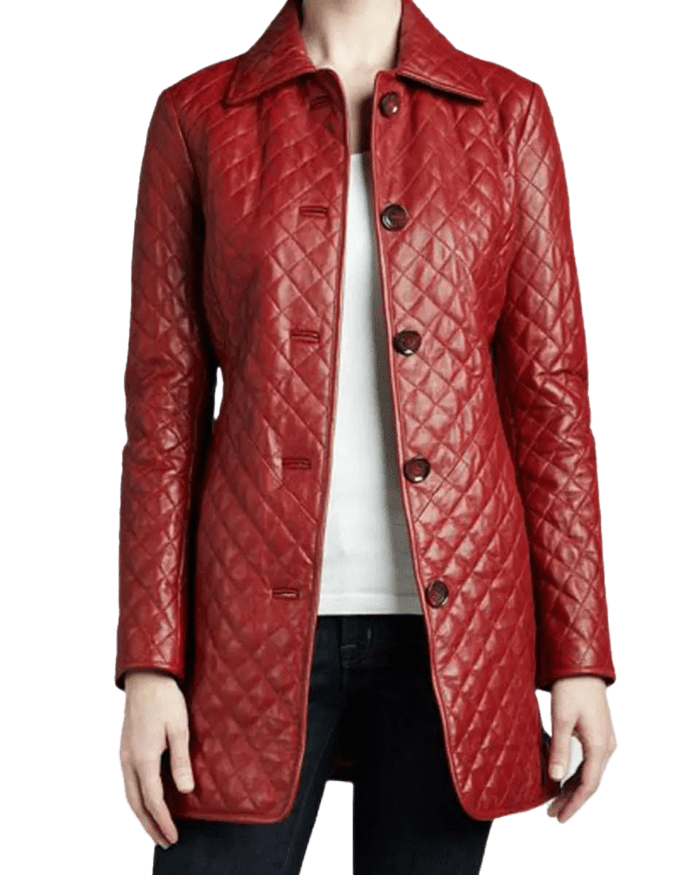 Women Slimfit Quilted Red PU Leather Coat