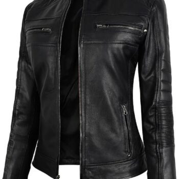 Women Cafe Racer Moto Biker Style Black Leather Jacket