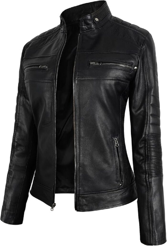 Women Cafe Racer Moto Biker Style Black Leather Jacket