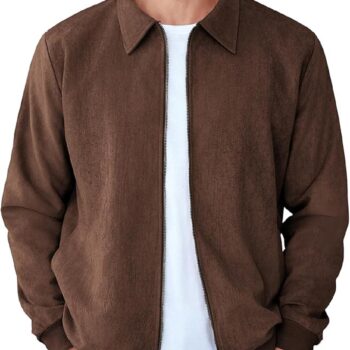 Men's Casual Suede Bomber Jacket Lightweight Faux Jacket