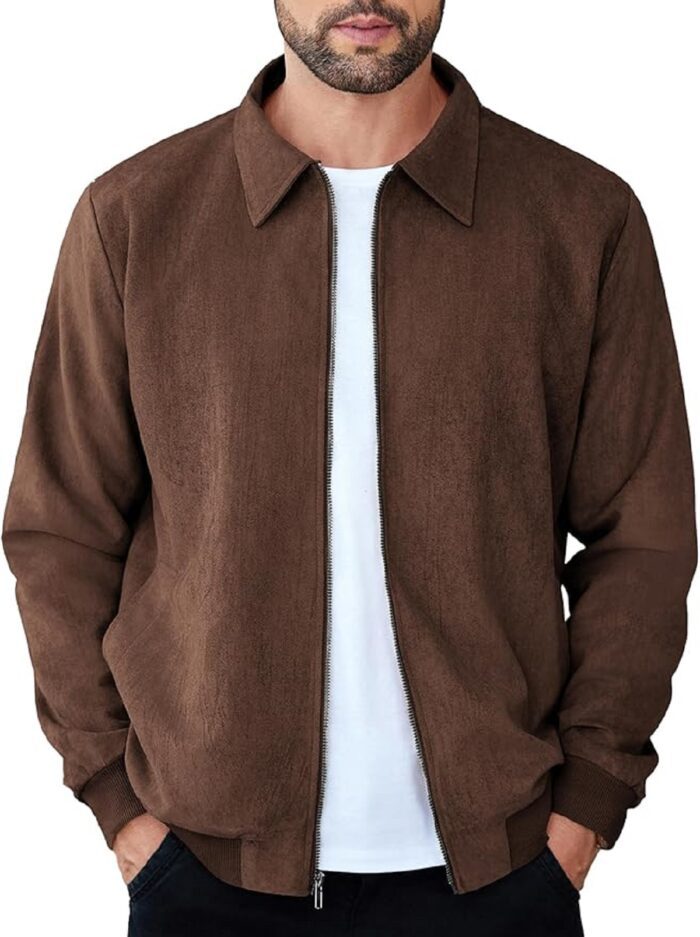 Men's Casual Suede Bomber Jacket Lightweight Faux Jacket