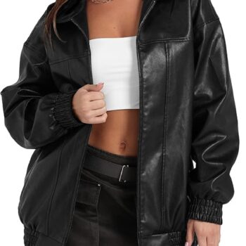 Women Oversized Motorcycle Bomber Black Leather Jacket