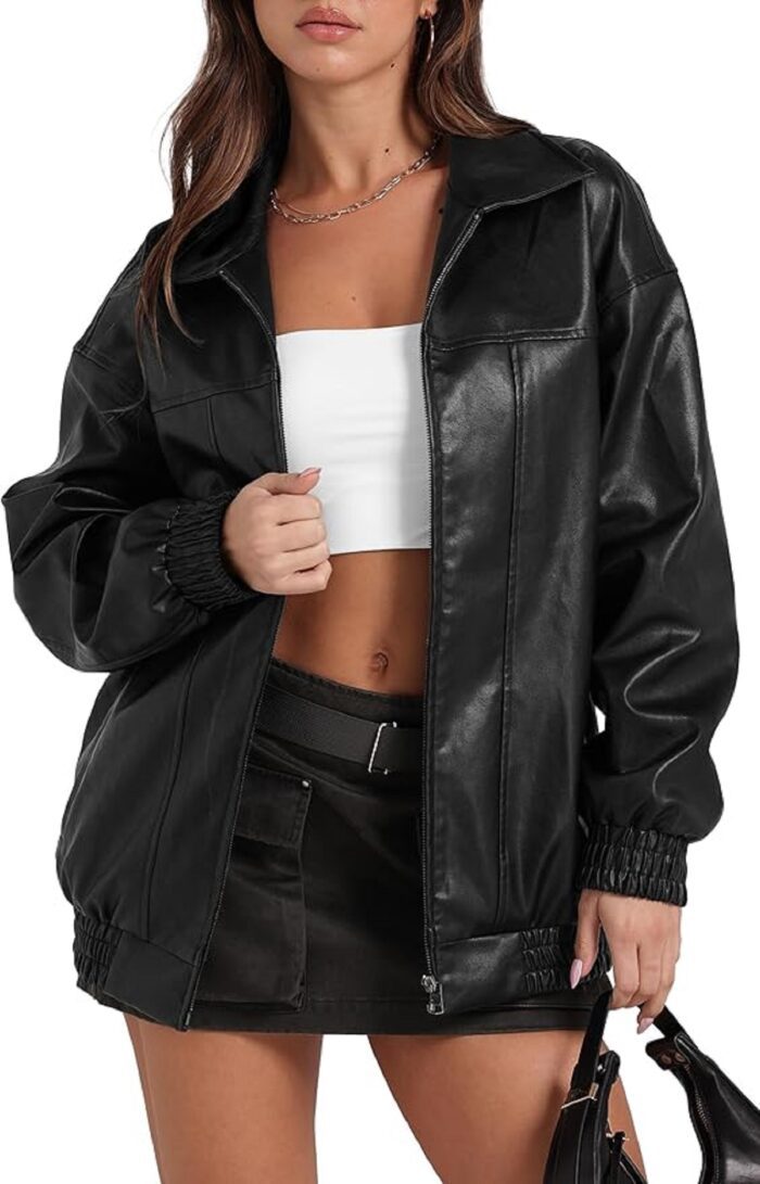 Women Oversized Motorcycle Bomber Black Leather Jacket