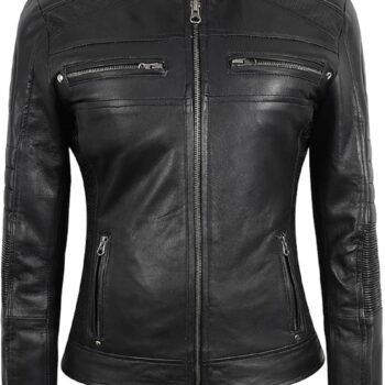 Women Cafe Racer Moto Biker Style Black Leather Jacket