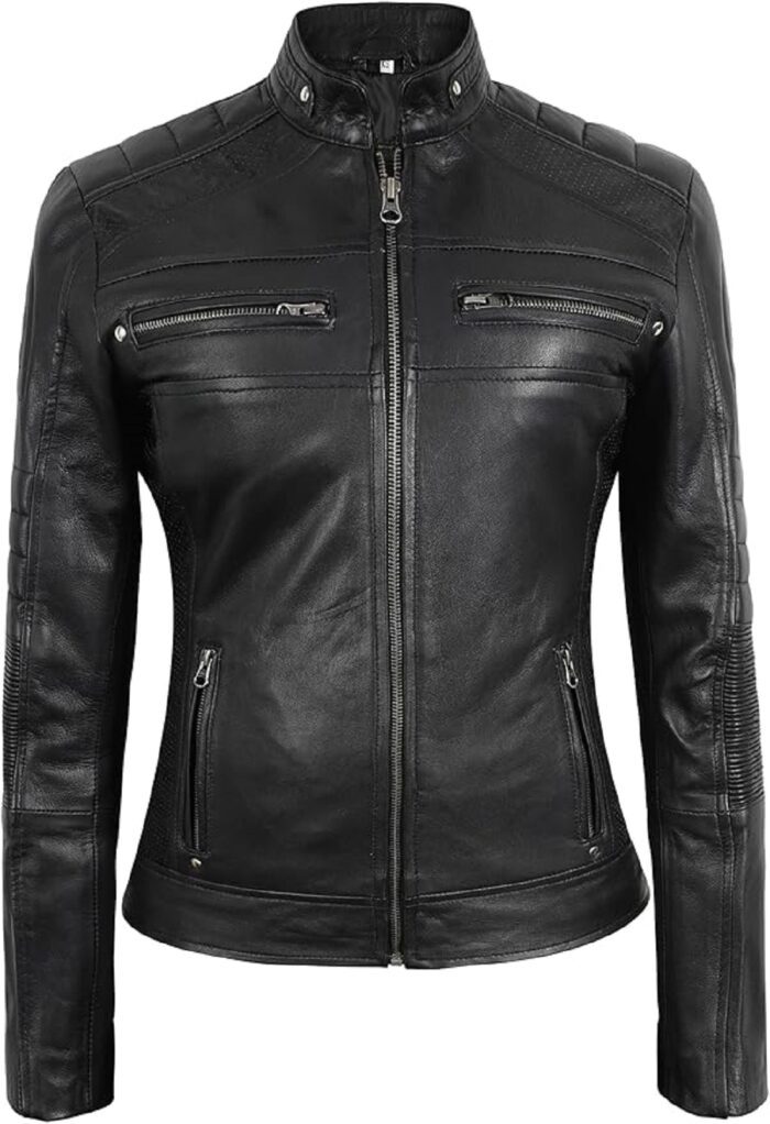 Women Cafe Racer Moto Biker Style Black Leather Jacket