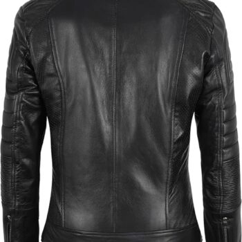 Women Cafe Racer Moto Biker Style Black Leather Jacket