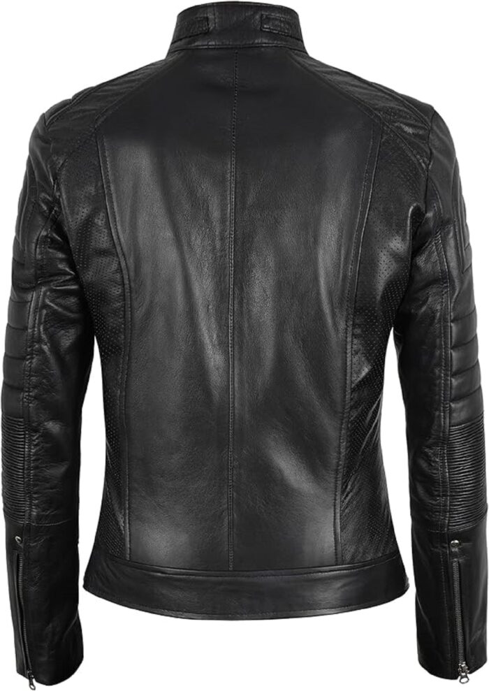 Women Cafe Racer Moto Biker Style Black Leather Jacket